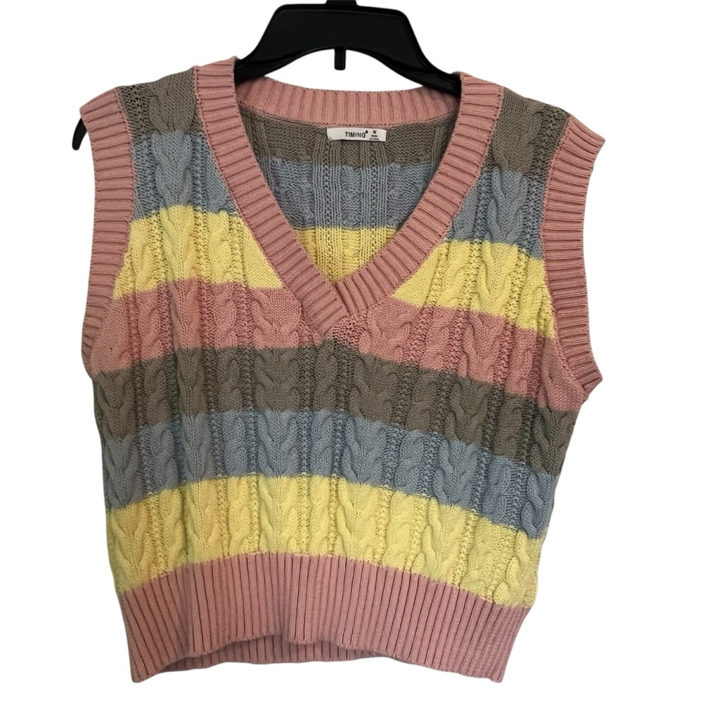 Timing Oxford V Neck Cable Striped Sleeveless Sweater Vest Size Medium